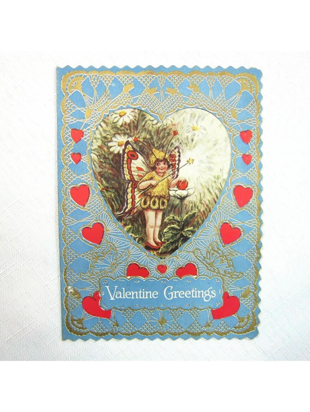 Vintage Valentine Card 1929 Die cut Fold Girl Fairy Wings Wand Daisy Flowers USA